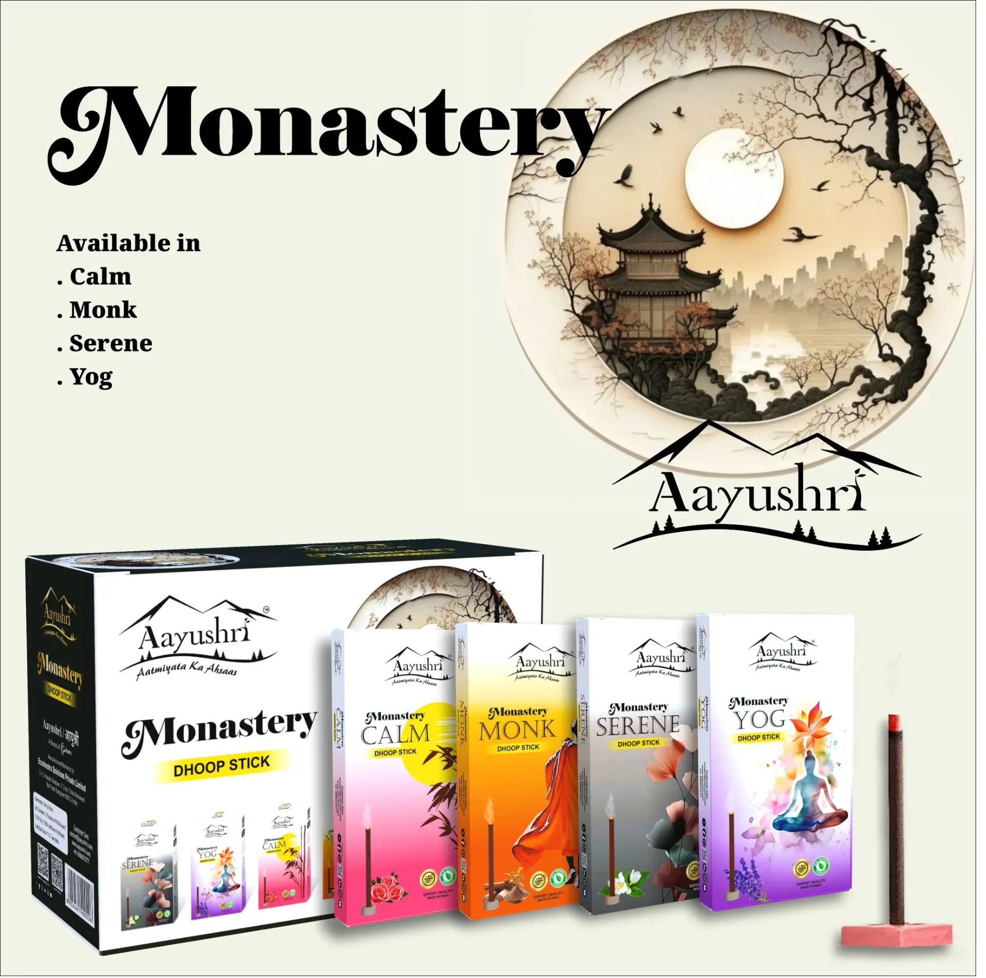 Monastery: Mix Pack (Yog, Serene, Monk, Calm) (Dhoop Bambooless Stick - 3 inch)